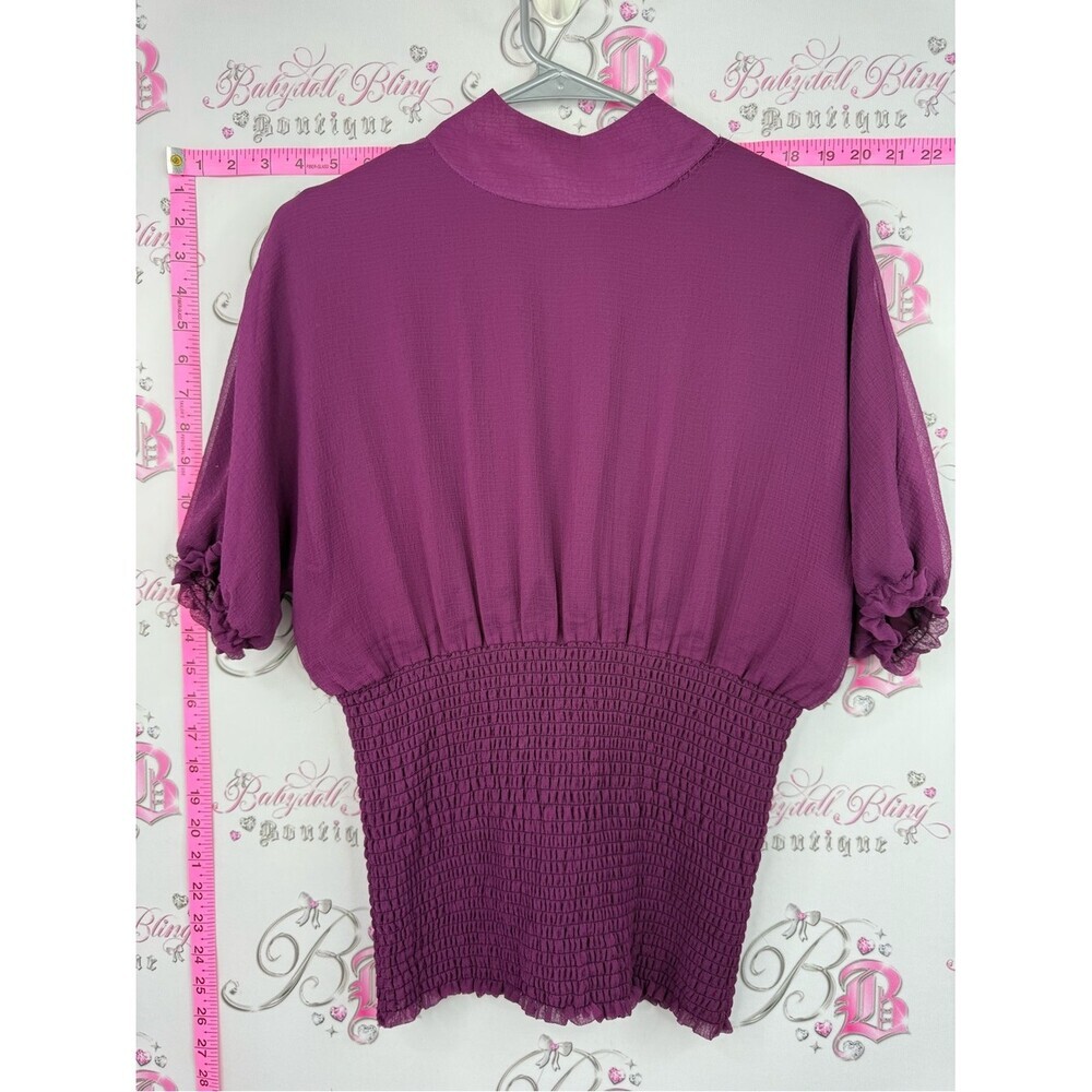 Skunkfunk shirt Y2k smock bubble sleeve purple Plum Puff Sleeve Smocked Top